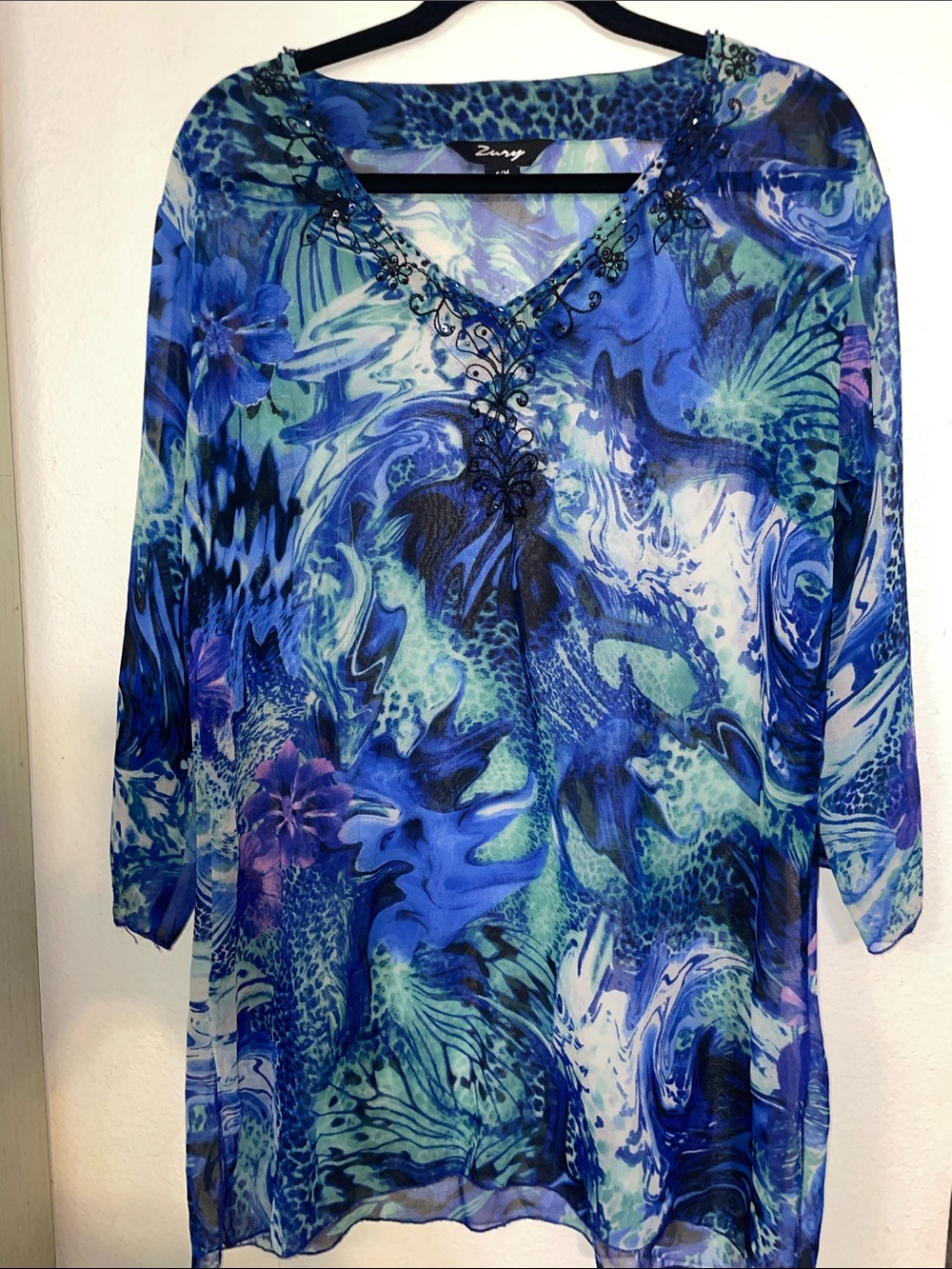 Zury Blue Floral V-Neck Swim Coverup